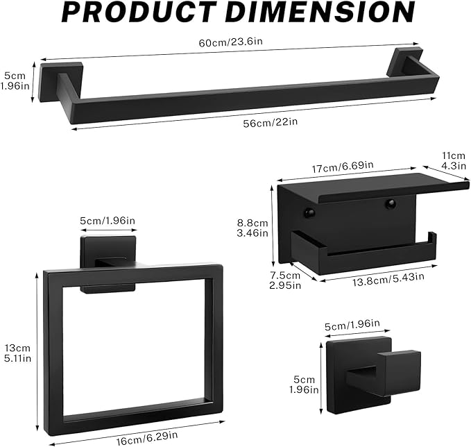 Matte Black Towel Bar Set 10-Pieces Bathroom Hardware Set,23.6 Inch Towel Bar Stainless Steel Wall-Mounted