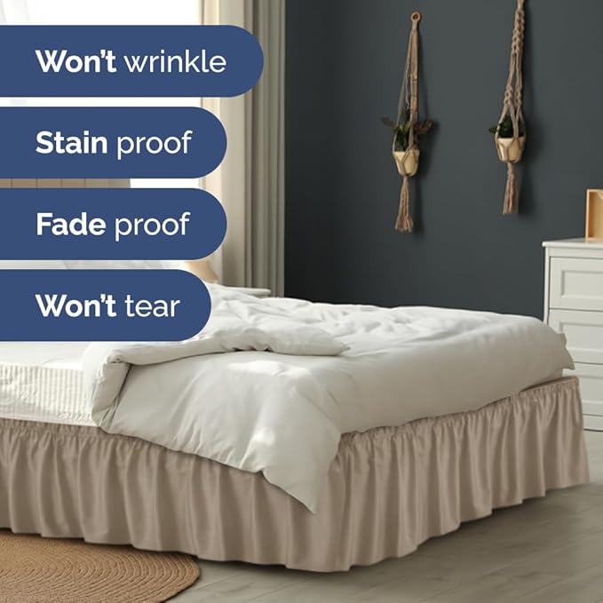 Wrap Around Dust Ruffle Bed Skirt - Cream - for Full Size Beds w/ 16 Inch Drop - Easy Fit Elastic Strap - Adjustable Pleated Bedskirt w/Brushed Fabric, Wrinkle & Fade Free Women, Men, Kids & Teens