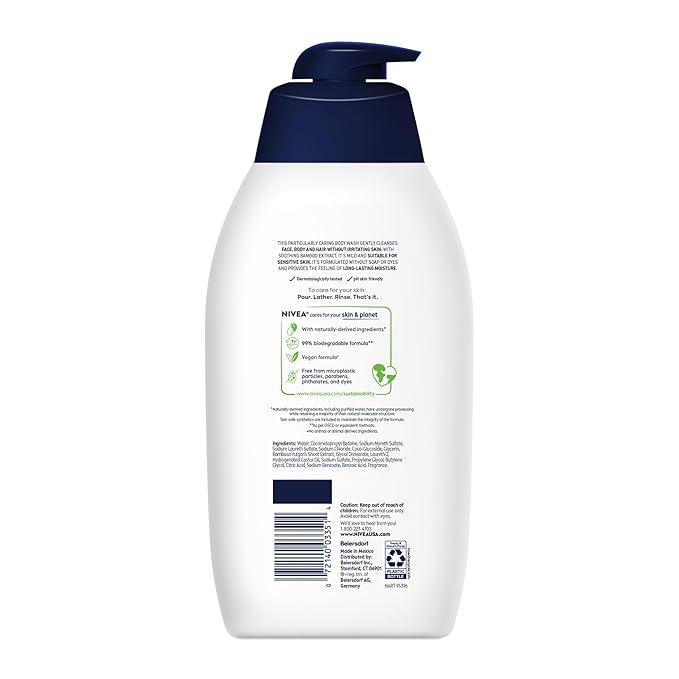 NIVEA MEN Sensitive Body Wash with Bamboo Extract, Moisturizing Body Wash for Sensitive Skin, Soap Free Shower Gel for Men with No Drying Alcohol, 30 Fl Oz Bottle