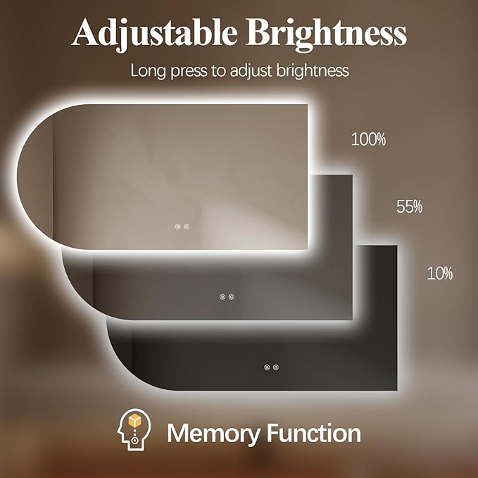 Arched LED Bathroom Mirror, 55"x28" Arch Framless Backlit Mirror with Lights Anti-Fog Dimmable Smart Frameless 3-Color Lighted Vanity Mirror Memory Waterproof, UL Listed, Horizontal-Right