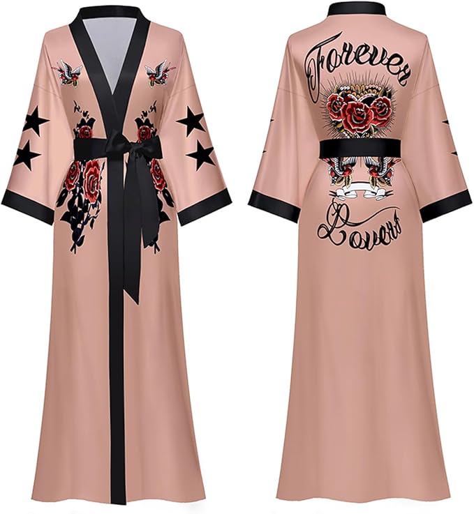 Silk Satin Robe for Women Long Japanese Kimono Robe Lightweight Soft Bathrobe Floral Luxury Dressing Gown