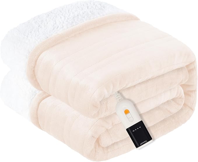 Heated Blanket Electric Blanket King Size Soft Flannel Sherpa, 6 Heat Levels Fast Heating, 2 to 10 Hours Auto-Off Detachable Controller Machine Washable, Beige 100"x90"