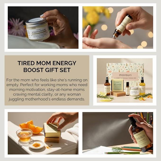 Energy Boost Gifts for Mom - 5-Piece Mood Lift Self Care Gift Set. New Mom Care Package for Tired Moms with Body Butter, Aromatherapy Essential Oil Roller, Turmeric Soap, Body Oil and Room Spray.