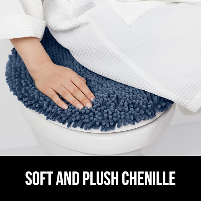 GORILLA GRIP Soft Chenille Bathroom Toilet Lid Cover, Machine Washable Seat Covers, 19.5x18.5, Stays in Place Rubber Backing, Fits Most Round, Elongated and Oblong Lids, Accessories Decor, Navy Blue