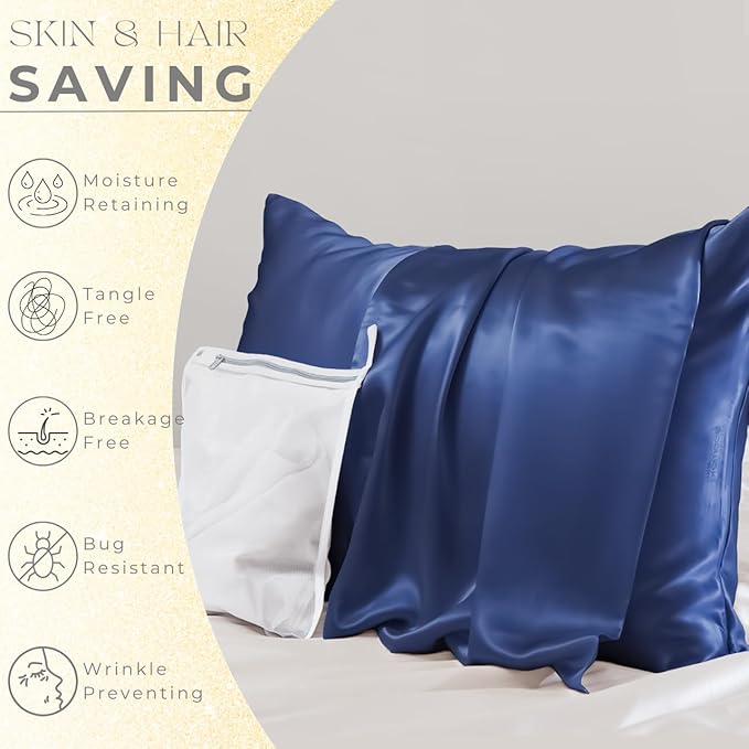PROMEED 23 Momme Silk Pillowcase 2 Pack with Zipper, 3rd Gen Grade 6A+ 100% Mulberry Silk Pillow Case Set of 2, Cooling Pillow Cases for Hot Sleepers (Standard 20"x26", Navy)