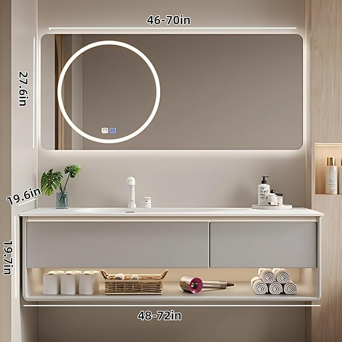 60IN Grey Bathroom Vanity Set - Floating Bathroom Vanity with Single Sink | Including LED Smart Defogging Mirror Cabinet & Time Display Function, Equipped with Motion Sensing Light Strip (Style B)