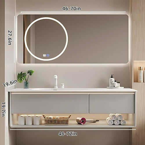 56IN Grey Bathroom Vanity Set - Floating Bathroom Vanity with Single Sink | Including LED Smart Defogging Mirror Cabinet & Time Display Function, Equipped with Motion Sensing Light Strip (Style B)
