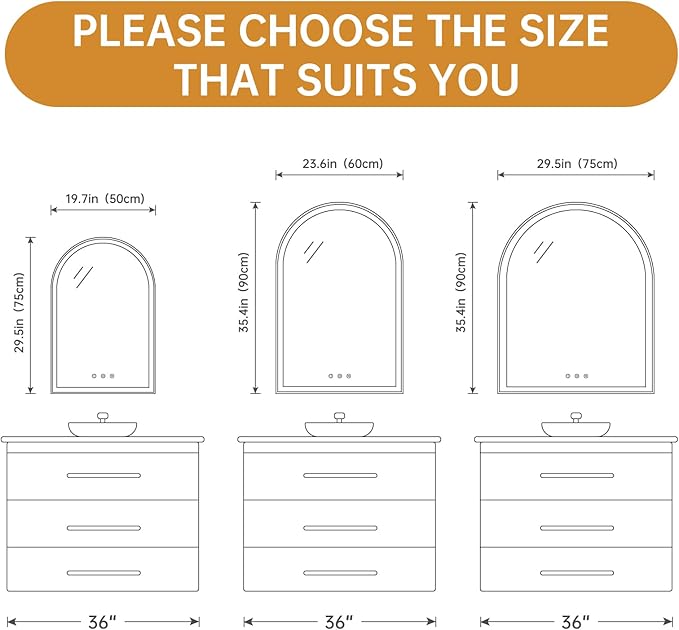 Arched Backlit Mirror Bathroom 24"x36"- Frameless LED Bathroom Mirror with Lights, Fogless, Dimmable, 3 Color Changing, Shatterproof, Touch Sensor