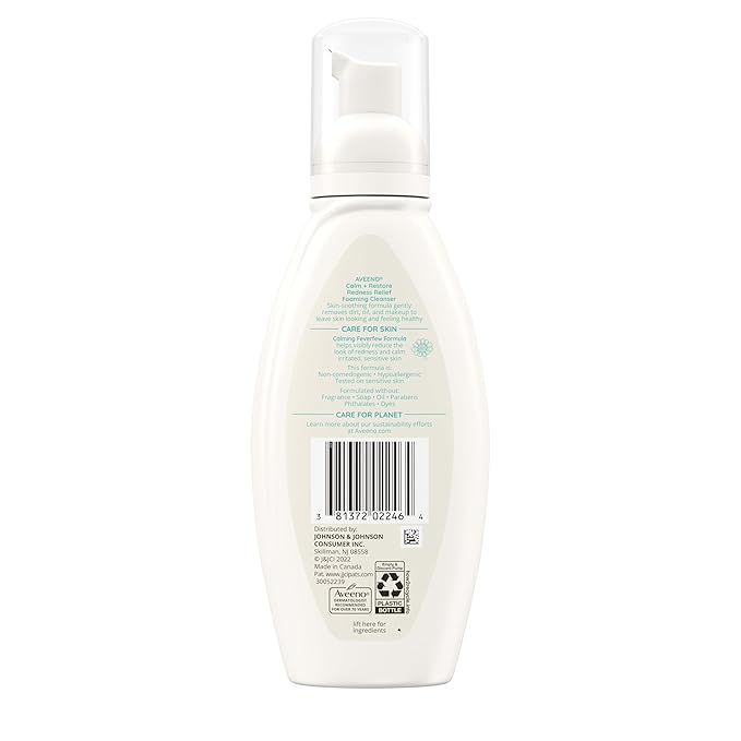 Aveeno Calm + Restore Redness Relief Foaming Cleanser, Daily Facial Cleanser With Calming Feverfew to Help Reduce the Appearance of Redness, Hypoallergenic & Fragrance-Free, 6 fl. oz