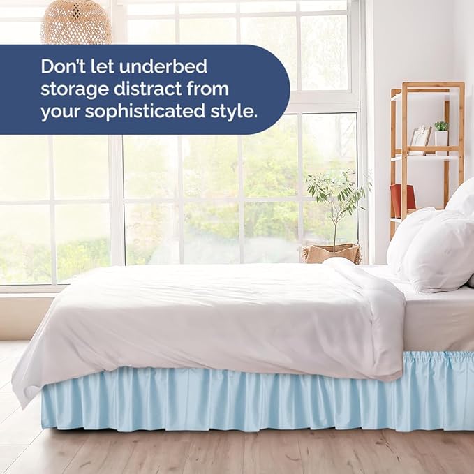 Wrap Around Dust Ruffle Bed Skirt - Light Blue - for Queen Size Beds with 18 Inch Drop - Elastic Strap - Adjustable Pleated Bedskirt with Brushed Fabric and Wrinkle Free - For Women, Men, Kids & Teens