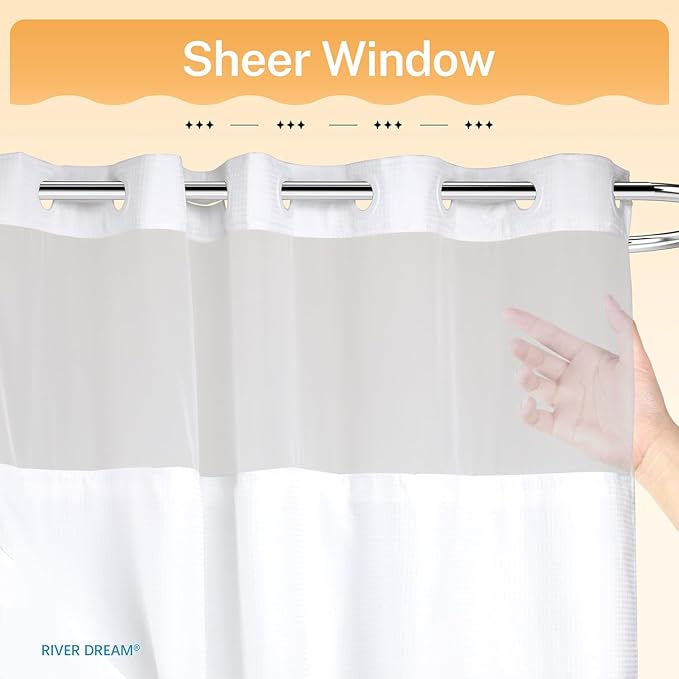 River Dream Heavyweight No Hooks Required Dotted Waffle Weave Shower Curtain with Snap in Liner - 71W x 77H,Hotel Grade,Spa Like Bath Curtain,White