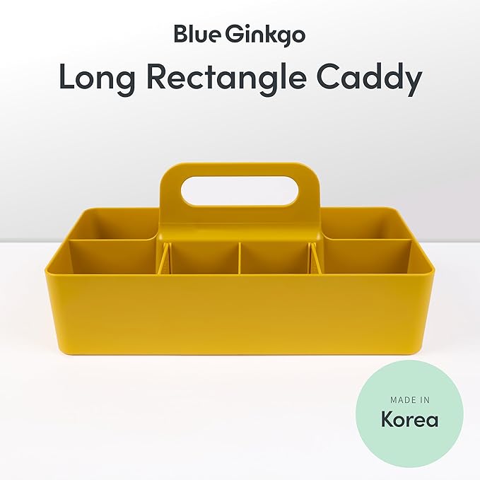 BLUE GINKGO Stackable Organizer Caddy – Korean-Made Portable Tote for Bathroom, Office, Crafts, or School Supplies (Long Rectangle, Yellow)