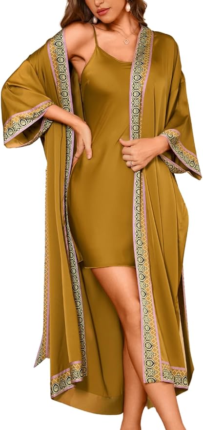 Satin Robe Sets For Women, 2-PC Lightweight Bathrobe, Silk Sleepwear Kimono Bridesmaid Sexy Robes