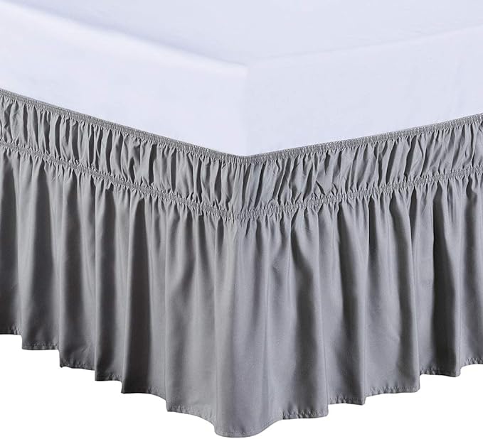 MEILA Wrap Around Bed Skirt Three Fabric Sides Elastic Dust Ruffled 24 Inch Tailored Drop,Easy to Install Fade Resistant-Grey, Queen/King