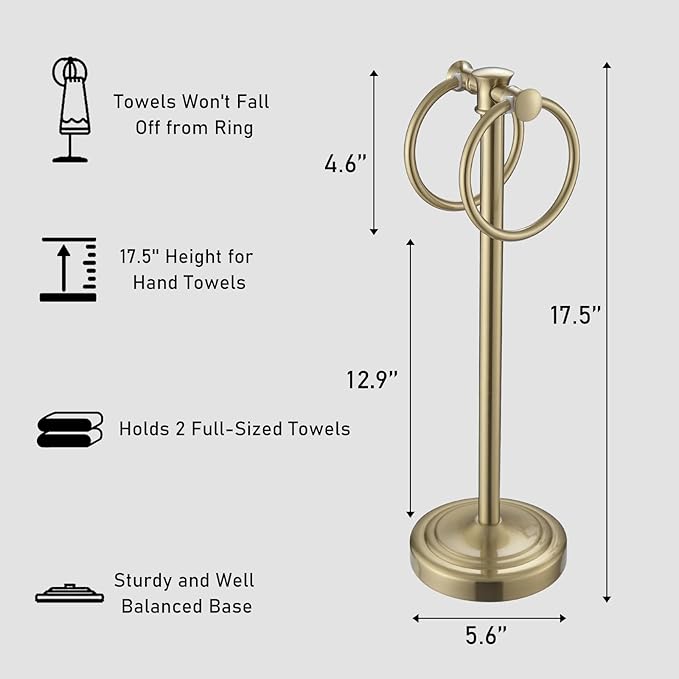 Hoimpro 17" Brushed Gold Free Standing Towel Rack Bracket, Double Towel Ring Hand Towel Stand Holder, Bathroom Hardware Accessories Set Towel Bar for Bathroom Vanities and Kitchen Countertops