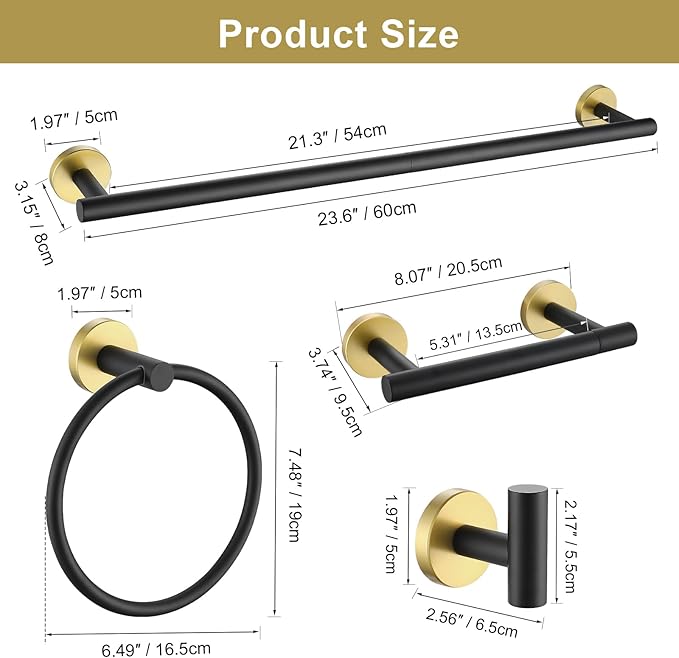 Black and Gold Towel Bar Bathroom Hardware Accessories Set, 10 Pieces Upgraded Round Toilet Paper Holder Towel Rack for Bathroom Wall Mounted, 23.6 Inch Stainless Steel Towel Rods for Bathroom