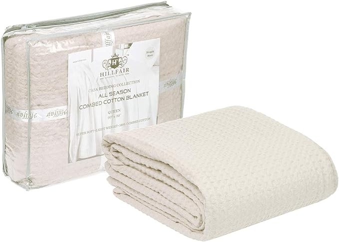 HILLFAIR 100% Combed Cotton Blanket–102x108 Inch California King Size Bed Blankets– Warm Soft All Season Breathable Blankets– Extra Large Oversized California King Blanket- Ivory King Cotton Blankets