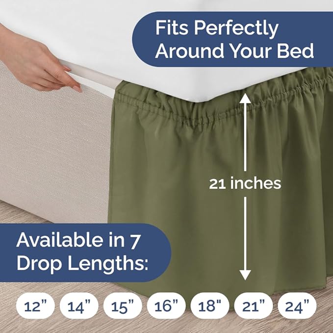 Wrap Around Dust Ruffle Bed Skirt - Sage Green - Twin/Twin XL Size Beds with 21 Inch Drop - Elastic Strap - Adjustable Pleated Bedskirt with Brushed Fabric and Wrinkle Free - Women, Men, Kids & Teens