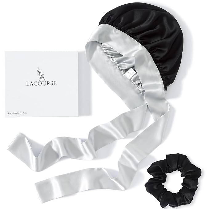 Non-Slip 100% Mulberry Silk Bonnet for Sleeping Women - Double Layer Silk Hair Wrap for Curly Hair, with Tie Bands to Secure the Cap (Black+Silver)