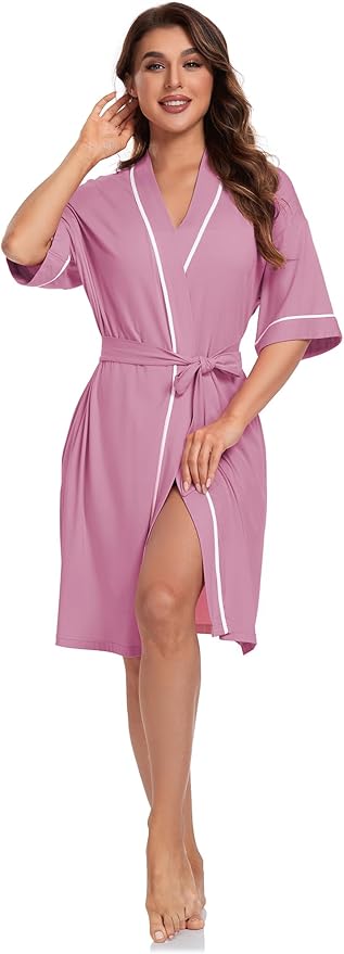 COLORFULLEAF Womens Bamboo Short Robes Lightweight Kimono Cotton Robe Soft Knit Bathrobe Ladies Loungewear with Pockets