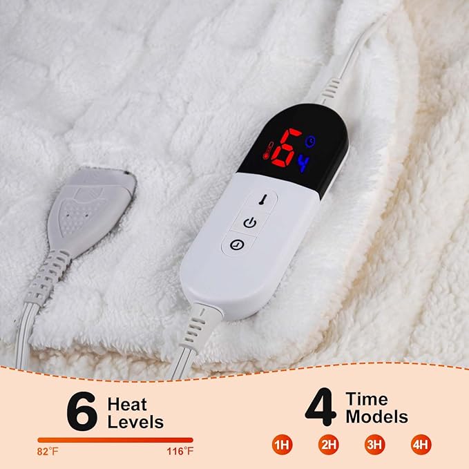 Electric Blanket Throw - Soft Checked Flannel with 6 Heating Levels, 4 Hours Auto-Off, Fast Heating, ETL & FCC Certified, 50"x60", Overheating Protection, Cozy Heated Blanket Throw（White）