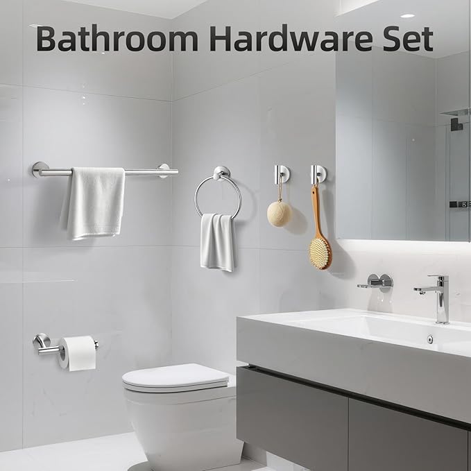 Brushed Nickel Towel Bar Set 5 Pieces, SUS304 Stainless Steel Bathroom Hardware Set, Bathroom Towel Holder Set Wall Mounted-16 Inch Towel Bar, Toilet Paper Holder, Towel Hooks, Towel Ring
