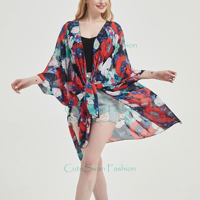 Women's Bohemian Floral Chiffon Beach Cover up Swimsuit Kimono Summer Swimwear Cardigans