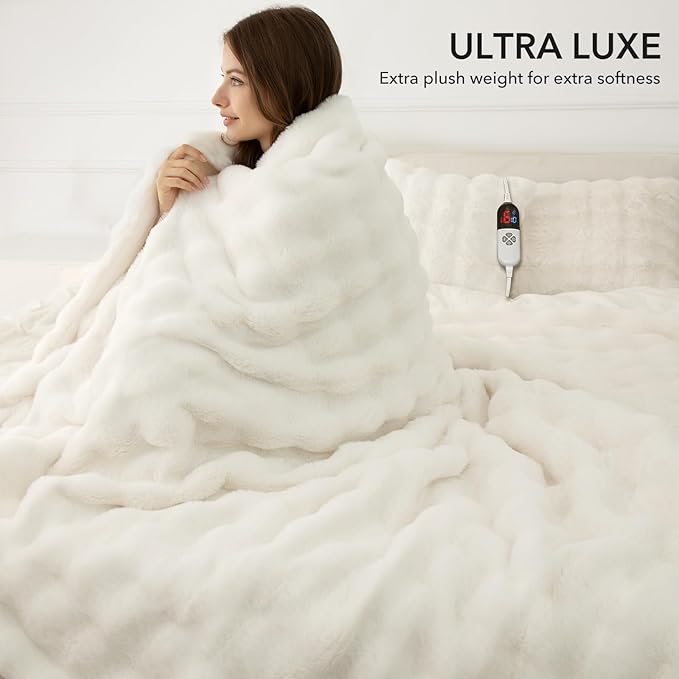 Faux Fur Heated Blanket Throw White - Luxury Fluffy Rabbit Bubble Electric Blanket with 6 Heating Levels, 4 Time Settings, Ideal Gift for Women, Machine Washable (50"x60")