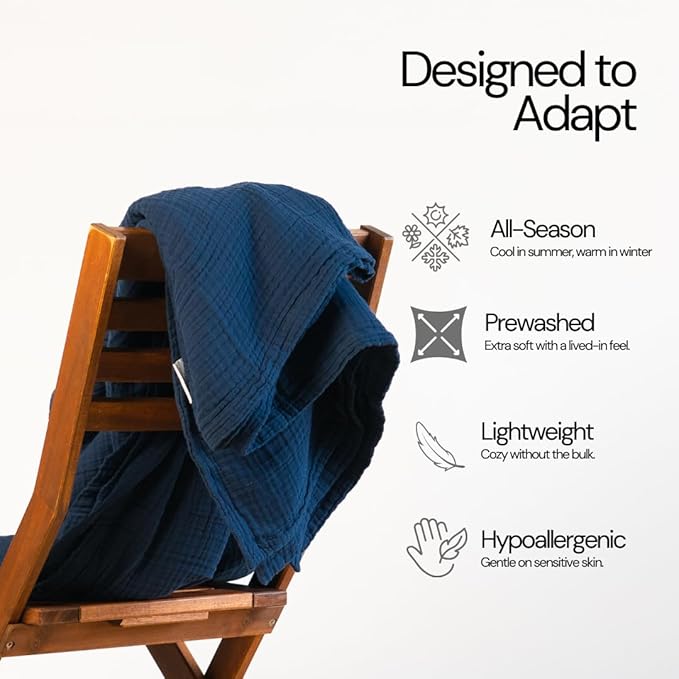 Salt Earth 100% Cotton Muslin Blanket, Gauze Blanket 80"X90" Queen, 4 Layered for Couch, Bed, Living Room,Lightweight & All Seasons Blankets & Throws, Easy to wash,Nature & Skin Friendly (Dress Blue)