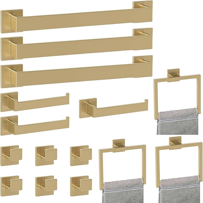 Bathroom Accessory Towel Bar Set: 15 Pieces Gold Bathroom Hardware Square SUS304 Stainless Steel - Wall Mounted Towel Rack&Toilet Paper Holder&Towel Ring and Towel Hook