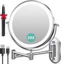 Auxmir 1X/20X Wall Mounted Makeup Mirror with Light, 8" Rechargeable Double-Sided Magnifying Mirror, Vanity Mirror Dimmable 3 Color Light, 360° Extension Rotation Foldable 14.5 Inch Arm, Chrome