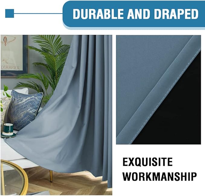 H.VERSAILTEX 100% Blackout Curtains for Bedroom Short Curtains Half Window Curtains for Kitchen, Privacy Energy Saving Curtain Tiers for Bathroom Shades, W 42 x L 36 inch, Stone Blue, Set of 2