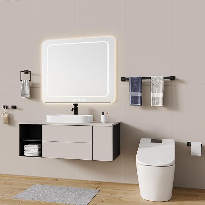 Bathroom Accessory Towel Bar Set: 5 Pieces Matte Black Square Bathroom Hardware SUS304 Stainless Steel - 24 Inch Wall Mounted Towel Rack&Toilet Paper Holder&Towel Ring and Towel Hook