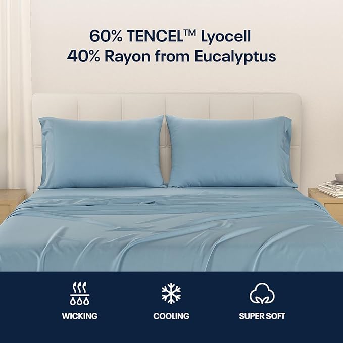Reebok Full Size Sheet Set from Tencel Eucalyptus - Soft, Cooling & Breathable for Hot Sleepers, Deep Pocket Up to 17 Inches, 4Pc Hotel Luxury Bedding Set, Bedsheet & Pillowcases (Niagara Mist, Full)