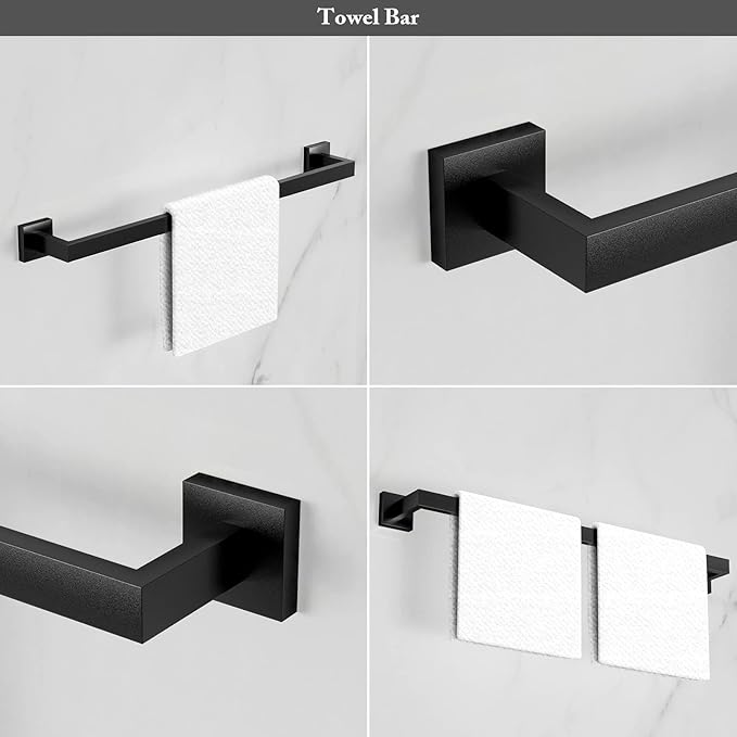 Ralbay 24" Matte Black Towel Bar 3-Pieces Set SUS 304 Stainless Steel Square Style Wall Mounted Towel Rack Set, Includes 24" Towel Single Bar, Toilet Paper Holder, Robe Towel Hook