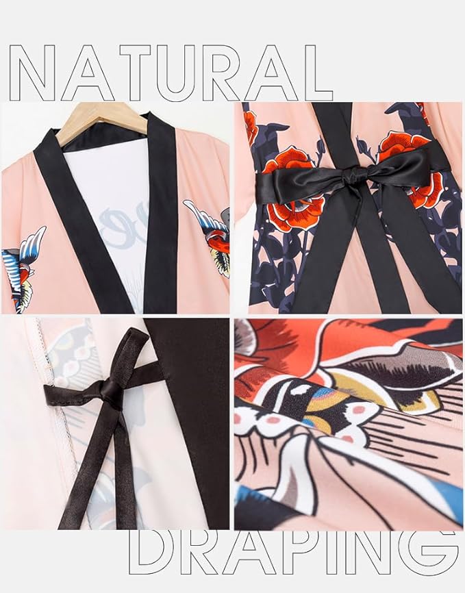 Silk Satin Robe for Women Long Japanese Kimono Robe Lightweight Soft Bathrobe Floral Luxury Dressing Gown