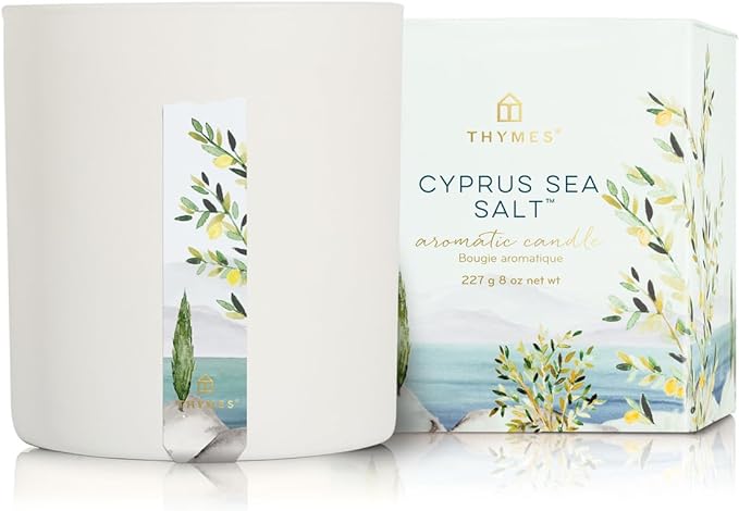 Thymes Scented Candles for a Fresh Home Fragrance - Matte White Candles - Notes of Moroccan Rosemary, Sage, Amalfi Lemon, Sea Salt Accord, Fresh Jasmine, & Sandalwood (Cyprus Sea Salt, 8 oz)