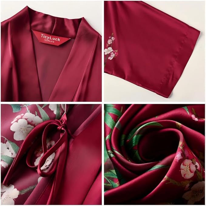Women's Silk Kimono Robe Long Bathrobe Nightgown 100% Mulberry Silk for Women - Classic Floral Pattern