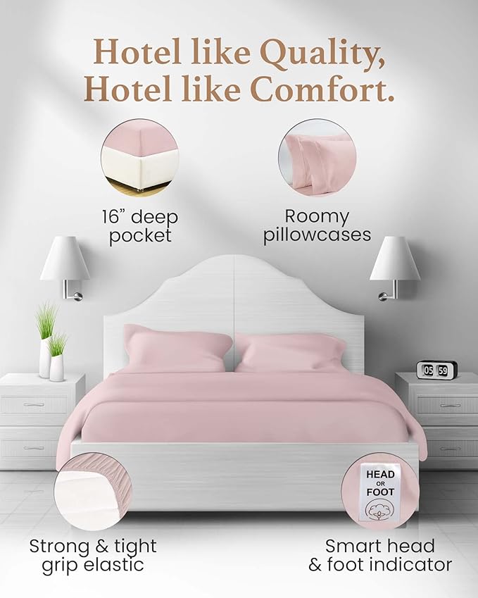 1000 Thread Count Egyptian Cotton Sheets Queen Size, 4 Pc Luxury Sheets Set, Long Staple 100% Cotton Sheets for Queen Size Bed, 16" Deep Pocket Hotel Style Sheets, Sateen Sheets Queen, Blush