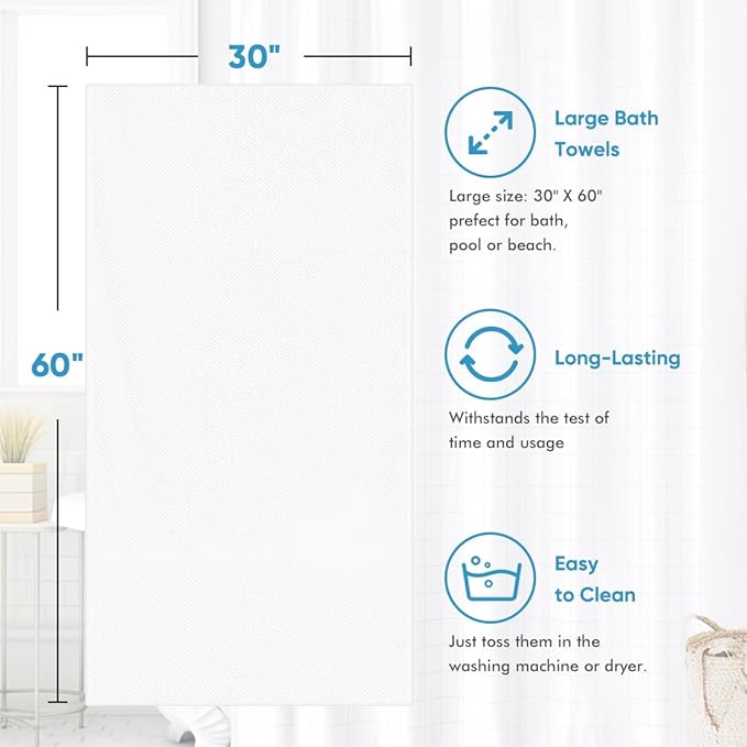 HOMEXCEL Bath Towel Set Pack of 4, 30 x 60 Inches Large Microfiber Bath Towels, Soft, Absorbent, and Quick Dry Towels for Bathroom, Pool, Beach, Swim, and Yoga, Large Bathroom Towels, White