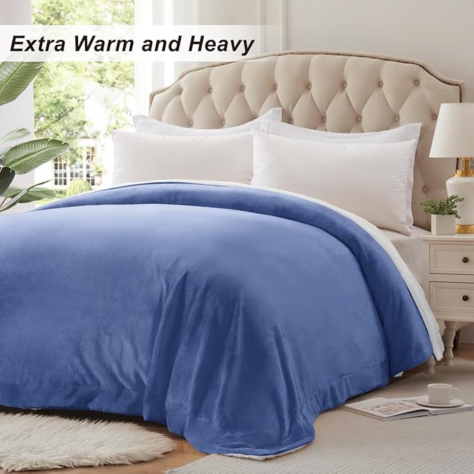 KAWAHOME Sherpa Fleece Throw Blanket for Bed - Extra Warm and Heavy Thick Throw Blankets for Winter, Super Soft 500GSM Plush Blanket, 50"X 60" Washed Blue