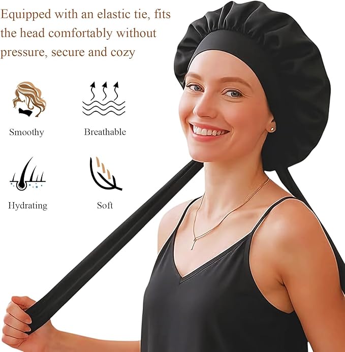 Satin Bonnet for Sleeping Women, Large Hair Bonnet Sleep Cap with Tie Band, Double Layer Hair Wrap for Curly Natural Hair