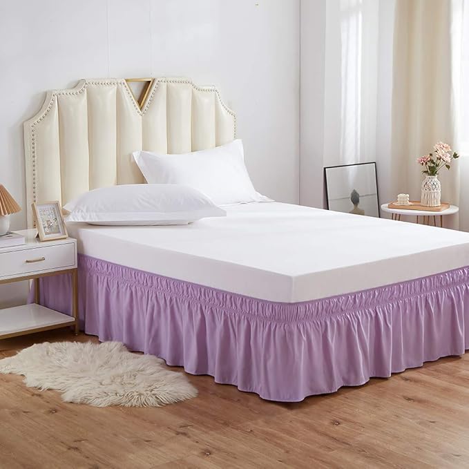 MEILA Wrap Around Bed Skirt Three Fabric Sides Elastic Dust Ruffled 16 Inch Tailored Drop,Easy to Install Fade Resistant-Light Purple, Queen/King