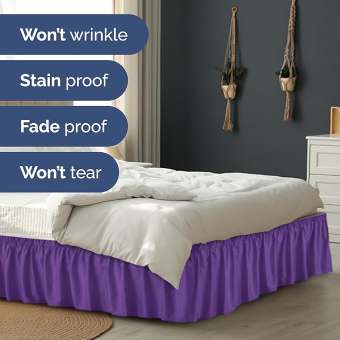 Wrap Around Dust Ruffle Bed Skirt - Purple - for Full Size Beds with 12 Inch Drop - Easy Fit Elastic Strap - Adjustable Pleated Bedskirt w/Brushed Fabric - Wrinkle Free - for Women, Men, Kids & Teens