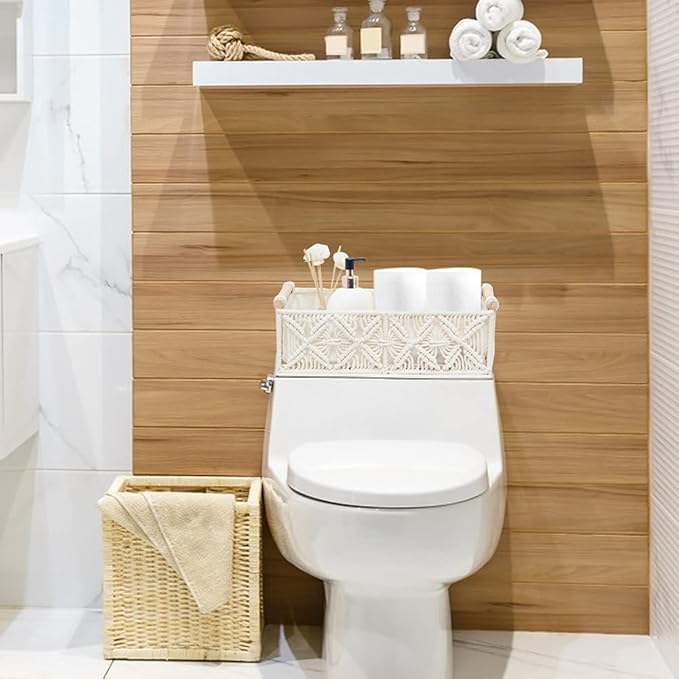 HOSROOME Macrame Storage Basket Boho Decor Baskets for Organizing Woven Decorative for Countertop Toilet Paper Basket for Tank Top for Home Decor Bedroom Nursery Livingroom Entryway (Set of 2)