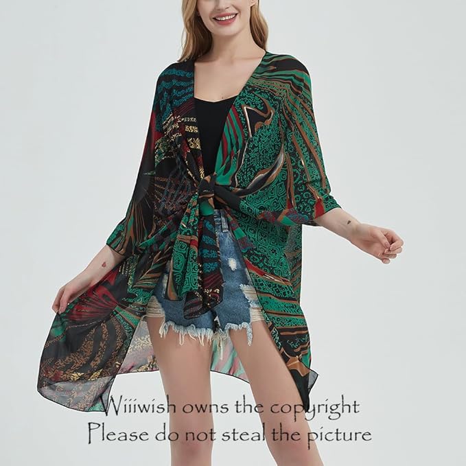 Women's Bohemian Floral Chiffon Beach Cover up Swimsuit Kimono Summer Swimwear Cardigans