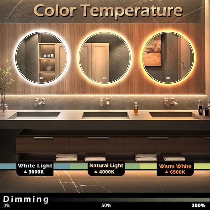 KWW Round Mirror Bathroom LED Lighted Mirror, Illuminated Dimmable Anti-Fog Wall-Mounted Makeup Vanity Mirror with Lights (27.5" L x 27.5" W)