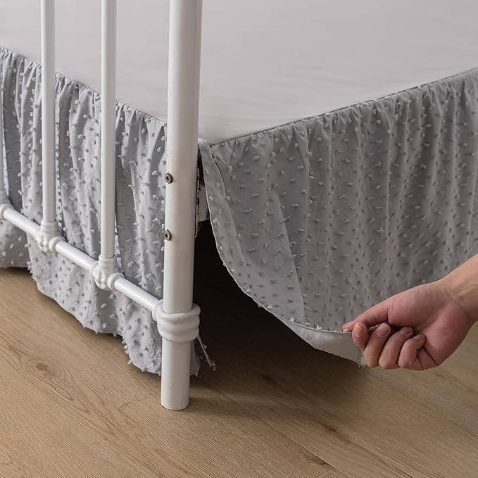 Tufted Dot Bed Skirt King Size Ruffled Bed Skirt with Split Corners, 18 Inch Drop Dust Ruffle Bed Skirts with Platform, Light Grey