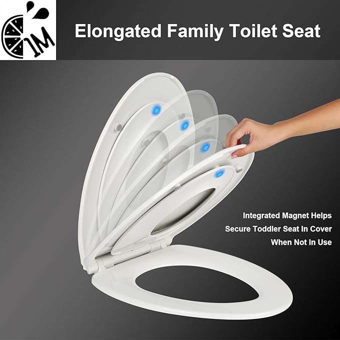 1M Family Toilet Seat, Patented Slow Close & Quick Releasing Technology, Anti-Wiggling, Easy to Install and Clean, Standard Elongated with Toddler Seat Built In (2 Pieces)