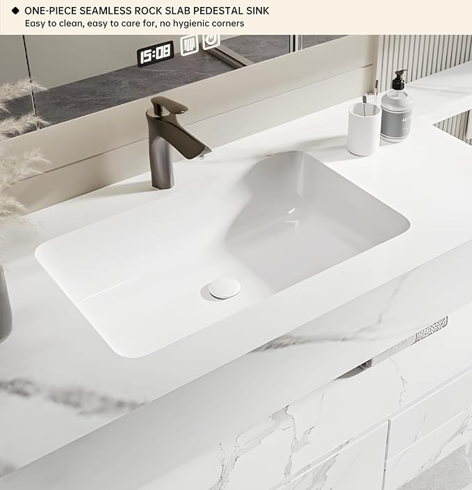 Floating Bathroom Vanity with Sink, Solid Wood Bathroom Vanity Set, Smart Defogging Mirror & Induction Side Cabinet & Large Storage - Elegant Bathroom Vanities (White,56IN)